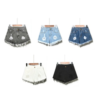 Verano de Color sólido de las mujeres Harajuku de algodón de cintura alta agujero dividido flecos cortos (4)
