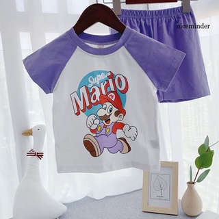 Nice_T-Shirt Set de impresión de dibujos animados de manga corta de algodón cuello redondo traje deportivo para niños (4)