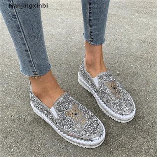 [Nanjingxinbi] Female Sneakers Crystal Round Toe Loafers With Fur Clogs Platform Autumn Slip-on Dress Flats Shoes Casual [HOT]