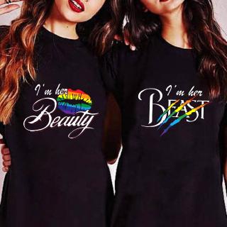 Sweet I'M Her Beast & I'M Her Beauty Letter Print O cuello manga corta Lgbt camiseta pareja QL25030