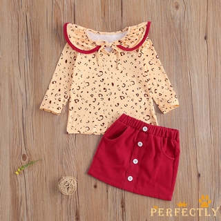 pft7-0-4 años niño niña de manga larga cuello de muñeca leopardo impresión superior + mini falda 2 piezas