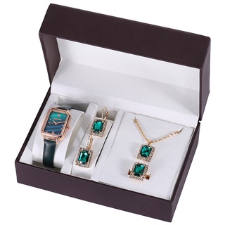Elegante juego de regalo Cinturón Relojes de cuarzo, collares, anillos, pendientes (4 piezas / conjunto)
