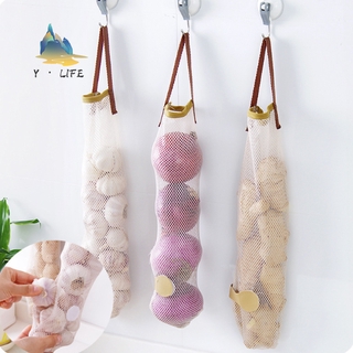 【Y • LIFE】11cm*39cm Creativity Hangable Fruits and Vegetables Storage Net Bag Portable Handle Kitchen Multifunction Hollow Out Breathable Garlic Onion Hanging Bag