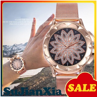 <Sujianxia> reloj de pulsera de cuarzo con correa de malla de aleación con pedrería Floral de lujo para mujer (1)