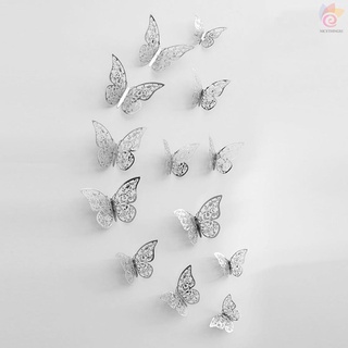 NT 12 unids/set vívidos 3D mariposa pegatinas de pared extraíbles Mural pegatinas DIY arte pared pegatinas decoración con pegamento para dormitorio boda fiesta--plata