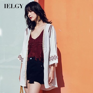 IELGY Shawl Sun protection Embroidery Blouse Exterior Coat Solid color Women's cardigan Thin style Retro