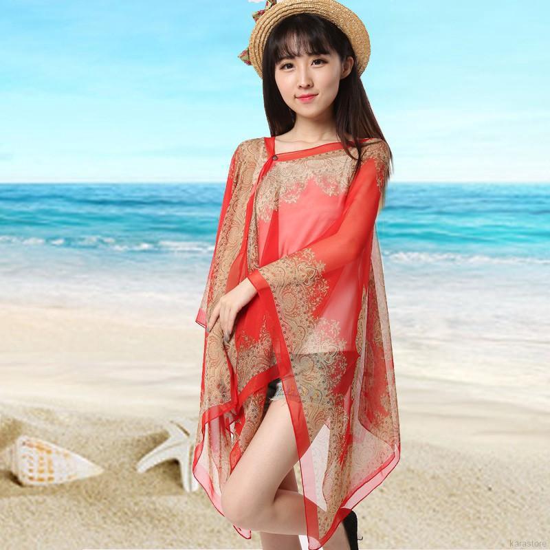 Moda Nueva Impresión De Verano Gasa Beachwear Bikini Cubrir Top (1)