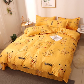 [en Stock] Heureux hot sell juego de ropa de cama 4 en 1 sábana+funda de edredón+funda de almohada individual queen king size tela de algodón patrón Pikachu