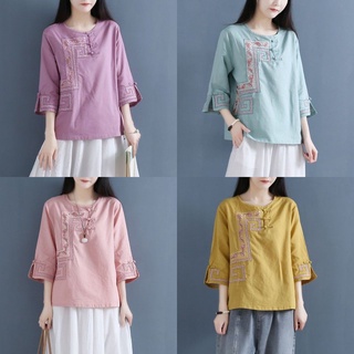 Blouse Ladies Irregular Tops 【〖4 Color〗Plus size（40-100kg）】Linho, algodão e linho com gola redonda chinesa bordado Zen For Women's Asymmetry Shirt