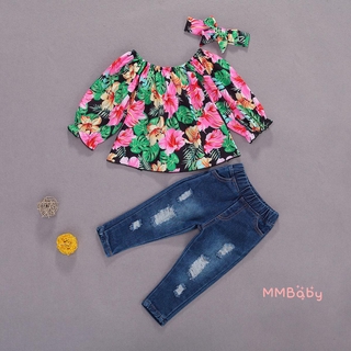 j0p-1-5 años conjunto de ropa de bebé floral de manga corta+pantalones cortos de mezclilla con volantes floreado