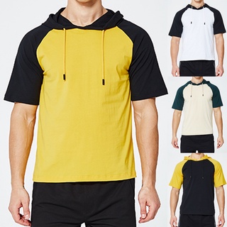 [camiseta para hombre] gcei moda hombres costura dos colores ocio fitness camiseta con capucha camiseta de manga corta
