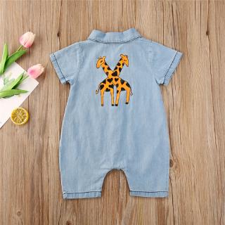 Bebé niño niña Denim mameluco mono jirafa patrón mono recién nacido manga corta ropa de verano (3)