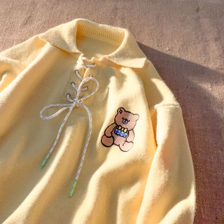Lechoso vintage oso bordado suéter de las mujeres primavera y otoño diseño suelto cordón cuello polo suéter superior