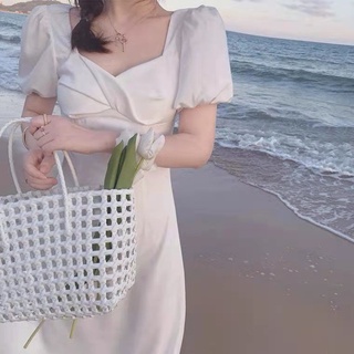 Vestido blanco2021Falda de manga de soplo cuello cuadrado francés nicho suave estilo diosa temperamento de verano nuevo