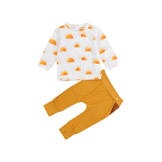✥Ju❤Bebé manga larga + pantalones, pequeño patrón de sol impresión cuello redondo cintura elástica lazo ropa de primavera