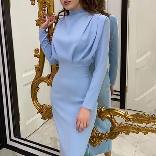 Las Mujeres Elegantes Vestido De Pie Cuello Delgado Cintura Sólida Azul Longitud De Tobillo Otoño Manga Larga Casual Fiesta Moda