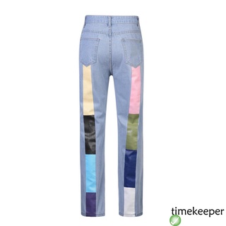 ❉Ur✿Mujer novio pierna recta Jeans, Casual cintura alta Color bloque espalda suelta Denim pantalones