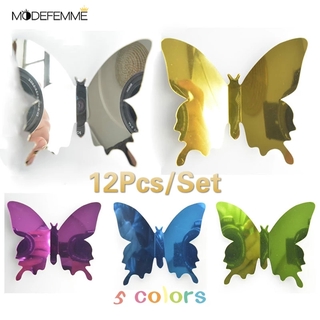 12 unids/set 3D espejos mariposa pegatina de pared calcomanía/extracto de la habitación de arte de la pared/fiesta boda pared pegatina para habitación de niños