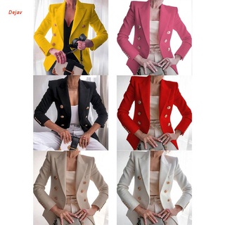 Dejav Women Vintage Blazer Jacket Double Breasted Solid Color Slim Fit Coat Notched Lapel Pocket Long Sleeve Office Cardigan