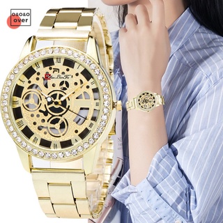 reloj de cuarzo a la moda para mujer clásico de diamantes de imitación hueco reloj con correa de muñeca de acero