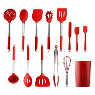 Juego de 14 utensilios de cocina de silicona de acero inoxidable antiadherente para utensilios de cocina, espátula, cuchara, cuchara, utensilios de cocina, set de utensilios de cocina