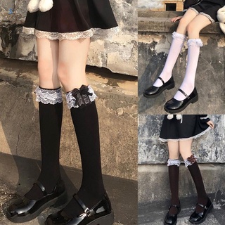 Nanzhuang mujeres niñas dulce Lolita negro blanco rodilla calcetines altos Bowknot volantes volantes encaje adorno estilo japonés estudiante princesa algodón medias largas