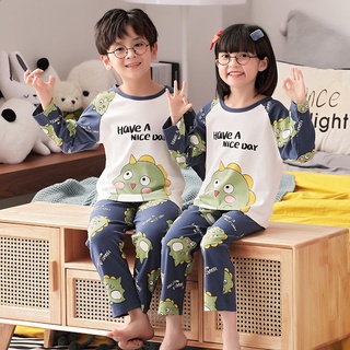 Pijamas de dibujos animados Baju Tidur Remaja Simple de manga larga camisón de dibujos animados dinosaurio impresión O-cuello dormir desgaste absorbe la humedad Unisex para niñas y niño algodón dormir ropa