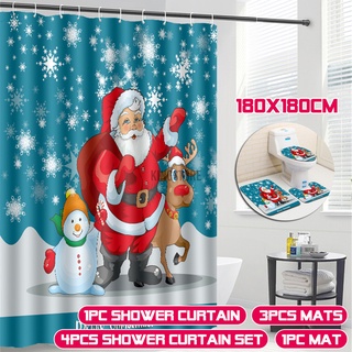 Chirstmas cuarto de baño muñeco de nieve Santa patrón de nieve impermeable Navidad cortina de ducha cubierta de inodoro alfombras antideslizantes (1)