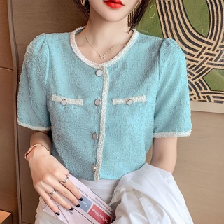 Chanel-Style manga corta camisa abrigo mujer ropa2021estilo coreano verano elegante de un solo pecho Cardigan Top Socialite moda