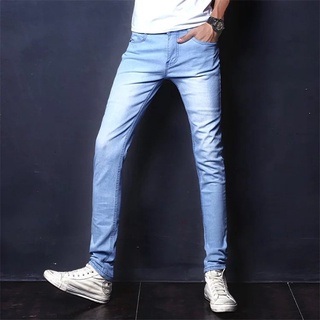 Saiz 28-34 azul claro Jeans hombres Casual moda algodón estiramiento Slim Jeans lápiz flaco fuera Denim longitud exterior