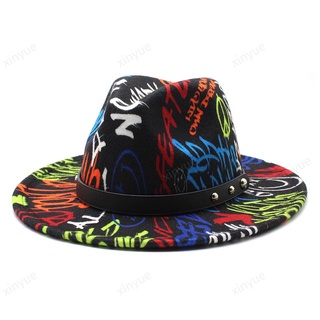 2021 nuevo graffiti impresión de ala grande lana fieltro sombrero de los hombres y las mujeres sombrero de jazz sombrero de fieltro sombrero