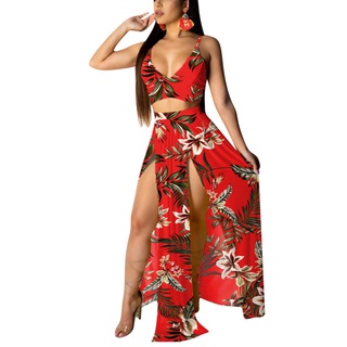 ✣Zv❂Conjunto de ropa Sexy de dos piezas para mujer, hojas/estampado Floral, sin mangas, cuello en V y falda (1)