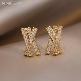 ﹉■Pendientes de cruz de diamantes completos pendientes femeninos pendientes de gama alta red de temperamento coreano rojo 2021 nuevos pendientes de moda