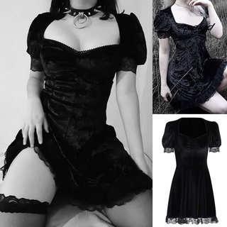 sd- mujer encaje cintura alta puff manga corta cuello cuadrado negro mini vestido para fiesta