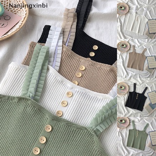 [nanjingxinbi] mujeres de punto tank tops sólido camisola botón chaleco punto crop top encaje cami slim [caliente]