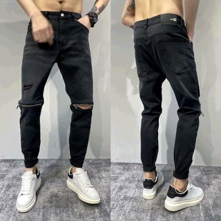 Negro ripped jeans Hombres s Moda Marca Versión De La Tendencia De Estiramiento Delgado Rodilla Cremallera Pantalones Para Los