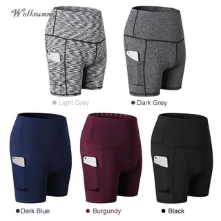 Wellsunny pantalones cortos de Yoga de cintura alta para mujeres con Control de barriga/entrenamiento para correr/pantalones cortos de Yoga atléticos con Pock