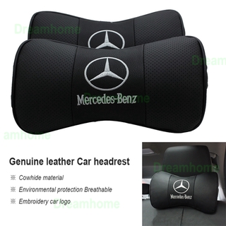 2 piezas Boutique Mercedes-Benz bordado logotipo del coche reposacabezas de cuero genuino almohada de cuello asiento de coche cojín de vacuno (1)