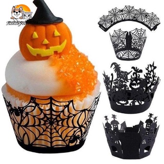 12Pcs Halloween Spider Web calabaza Horror castillo pastel envoltura papel Cupcake decoraciones envolturas caso hueco láser corte decoración suministros accesorios de fiesta