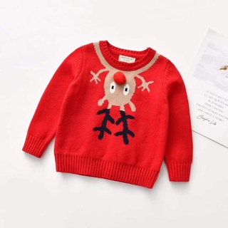 ◑Ls❃Suéter de navidad para niños pequeños, bebé de dibujos animados de ciervo de manga larga cuello redondo de punto jersey con pompón