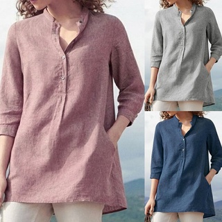 Yar_camisa De algodón De algodón/lino/Manga 3/4 con bolsillos/botones/color sólido/talla grande (2)