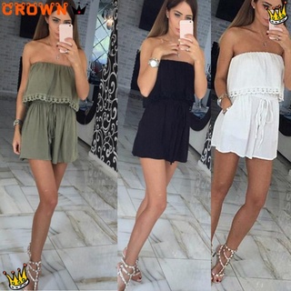 CROWN Summer Mini Playsuit Ladies Strapless Jumpsuit Womens Beach Holiday Off Shoulder Dress/Multicolor