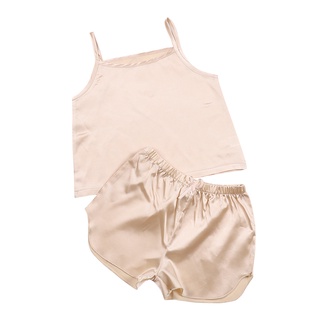 Okdk-2 piezas conjunto de ropa de dormir, niños de Color sólido correa de espagueti camisola+ pantalones cortos para el verano, 3-10 años (3)