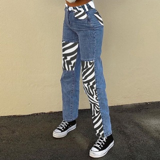 fashionjewelry exquisita mujer moda cintura alta rayas empalme jeans longitud completa pantalones rectos