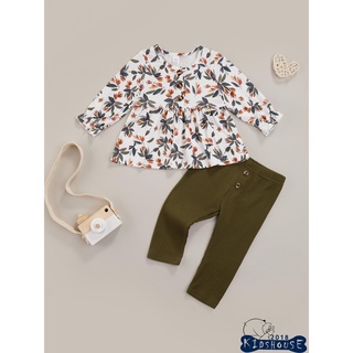 Khh-niño niña 2 piezas de otoño trajes, manga larga botón frontal Floral Tops + Rib Knit pantalones Set