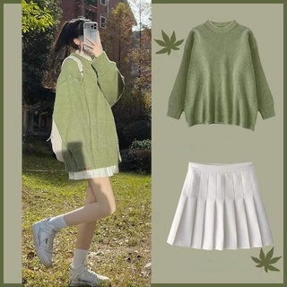 Traje De Las Mujeres Coreano Suelto Verde Suéter + Falda Plisada De Dos Piezas Conjunto