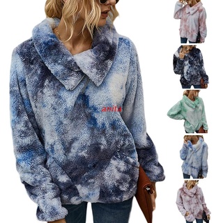 ANT Womens Winter Fuzzy Plush Long Sleeve Sweatshirt Tie-Dye Printed Lapel Zipper Pullover Tops Casual Loose Thicken Warm Streetwear with Pockets