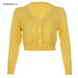 tha mujeres manga larga amarillo punto cardigan cuello en v botón recortado suéter abrigo