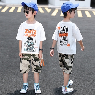 5-12 años niños niños niños verano carta impresión camiseta +camuflaje pantalones cortos moda ropa conjunto