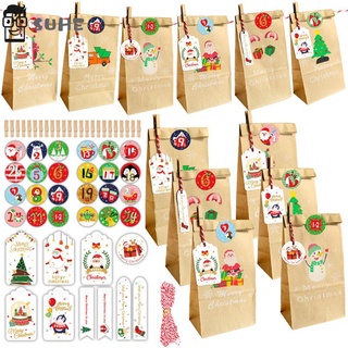 Suhe 24sets números bolsas de papel Kraft bolsas de galletas bolsa de embalaje bolsas pegatinas caramelos Santa Claus muñeco de nieve alimentos de navidad feliz navidad